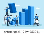 Incremental sales growth, step-by-step strategy development, data-driven progress, achieving business milestones concept vector illustration. Team of analysts constructing staircase of bar graphs