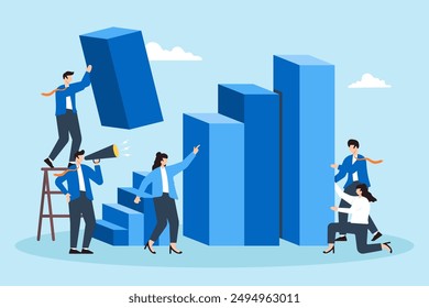 Incremental sales growth, step-by-step strategy development, data-driven progress, achieving business milestones concept vector illustration. Team of analysts constructing staircase of bar graphs