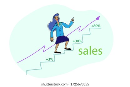 Aumento de las ventas, concepto de ilustración vectorial plana. Más dibujos de doodles de ventas. Mujeres en escaleras, gráfico de crecimiento de ventas. Caricatura aislada