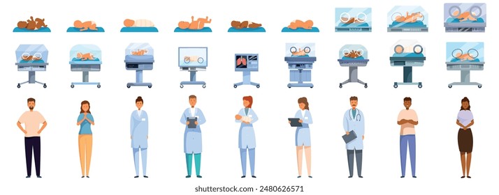 Conjunto de iconos de bebé de incubadora. Conjunto de médicos y enfermeras que trabajan en el departamento de neonatología, cuidando a los recién nacidos