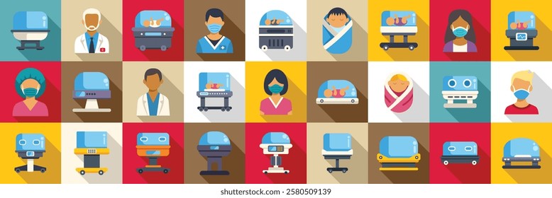  Incubator baby icons set. Medical professionals attending to newborns in incubators, ensuring their health and well being in a neonatal intensive care unit