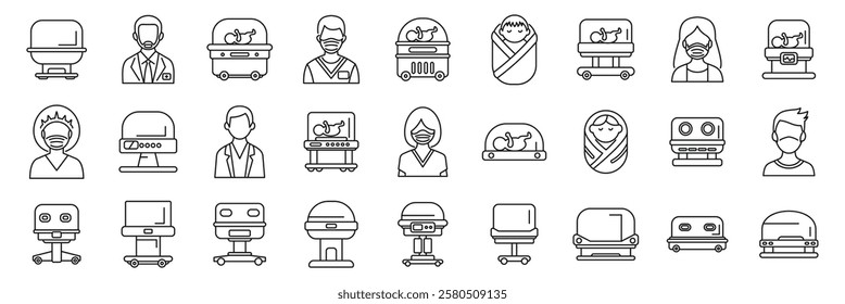  Incubator baby icons set. Set of simple neonatology icons including doctors, medical equipment and newborn babies, perfect for healthcare and medical related projects