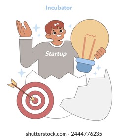 Incubator concept. A visionary entrepreneur hatches innovative ideas targeting startup success. Vector illustration.