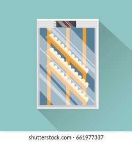 Incubator with eggs. Incubation of chickens. Vector flat illustration.