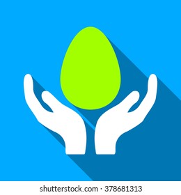 Incubator Hands long shadow vector icon. Style is a flat light symbol with rounded angles on a blue square background.