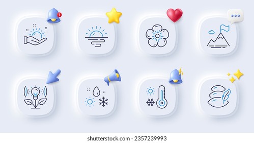 Incubator, Mountain flag and Pillow line icons. Buttons with 3d bell, chat speech, cursor. Pack of Weather thermometer, Weather, Natural linen icon. Sunrise pictogram. For web app, printing. Vector