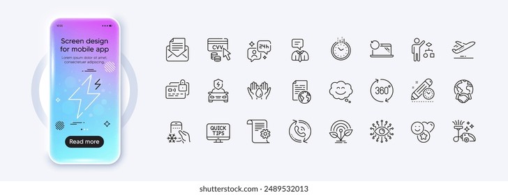 Incubator, Recovery laptop and Project deadline line icons for web app. Phone mockup gradient screen. Pack of Smile, Internet document, Mail correspondence pictogram icons. Vector