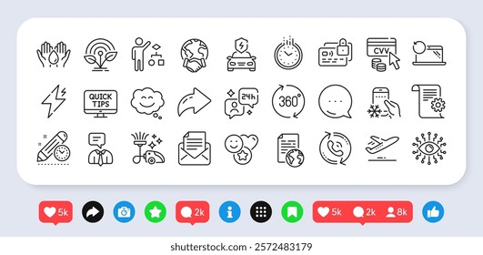 Incubator, Recovery laptop and Project deadline line icons pack. Social media: share, comment, like icons. Smile, Internet document, Mail correspondence web icon. Vector