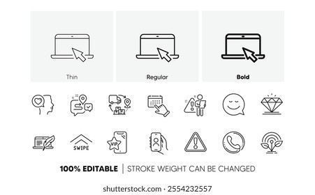 Incubator, Supply chain and Copyright laptop line icons. Pack of Warning, User call, Journey icon. Search employee, Portable computer, Event click pictogram. Diamond, Smile, Call center. Vector