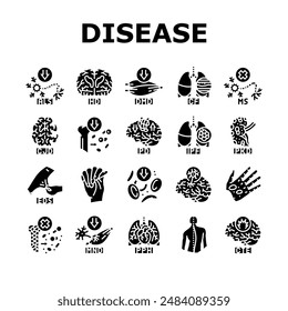 incurable disease doctor patient icons set vector. cancer empathy, desk antibiotic, dermatology resistant, skin, bacteria medical incurable disease doctor patient glyph pictogram Illustrations