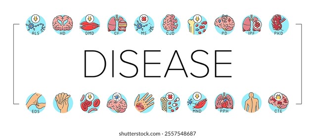 incurable disease doctor patient icons set vector. cancer empathy, desk antibiotic, dermatology resistant, skin, bacteria medical incurable disease doctor patient color line illustrations