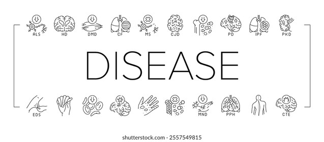 incurable disease doctor patient icons set vector. cancer empathy, desk antibiotic, dermatology resistant, skin, bacteria medical incurable disease doctor patient black contour illustrations