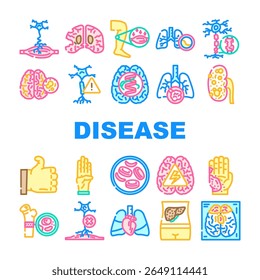 incurable disease icons set vector. cancer, alzheimers hiv, aids, parkinsons diabetes, als, leukemia, lymphoma, asthma incurable disease color line illustrations