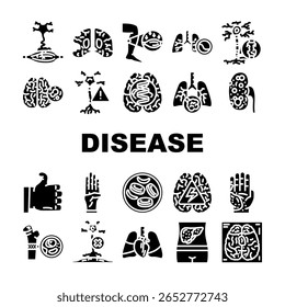 ícones de doença incurável definir vetor. câncer, alzheimers hiv, aids, parkinsons diabetes, als, leucemia, linfoma, asma doença incurável glifo pictograma Ilustrações