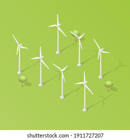 ind generators in the field. Wind energy. Isometric concept of clean energy. Composition of wind turbines and trees. Isometric style. Vector illustration.
