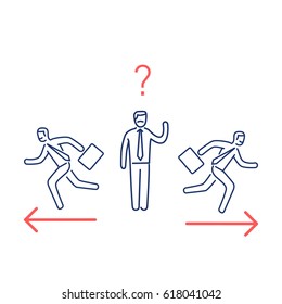 Indecision. Vector illustration of confused businessman choosing the right way | modern flat design linear concept icon and infographic red and blue on white background