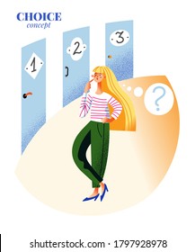 Indecision woman thinks, standing in front of three doors and chooses right solution from options. Make your choice concept scene. Vector character illustration of good opportunity, decision making