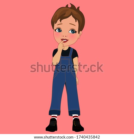 indecisive boy character that is unsure what to think about current situation with a bit puzzled and confused face touching his lips with index finger while trying to decide what to do