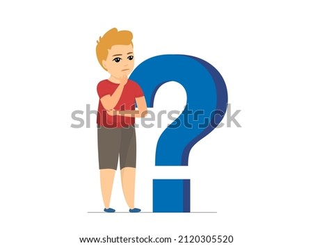 Indecisive boy standing near large blue question mark on white background. Concept of getting knowledge by thoughtful young male. Ask questions and look for answers concept. Vector eps illustration