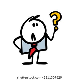 Indecisive businessman holds a question mark in his hand. Vector illustration of a puzzled stickman. Cartoon image isolated on white background.