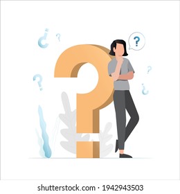 Indecisive, curious, interrogative woman stands with large, voluminous question mark, thinks, knows nothing. Frequently asked Questions. FAQ in support service. User in help section with answers.