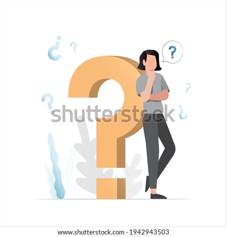 Indecisive, curious, interrogative woman stands with large, voluminous question mark, thinks, knows nothing. Frequently asked Questions. FAQ in support service. User in help section with answers.