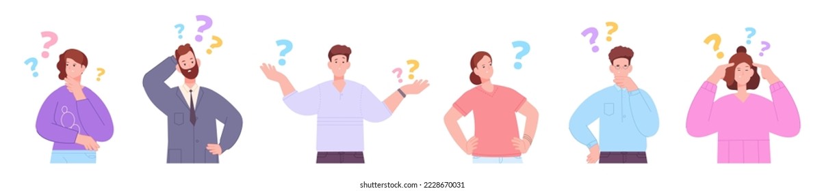 Indecisive people. Cant woman asking question, dissatisfied businessman find decision, hesitate girl with doubt face and hands ask help, think choice vector illustration of ask problem and doubt