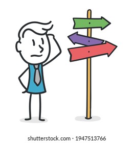 Indecisive stick man. Concept of businessman who has to make a decision