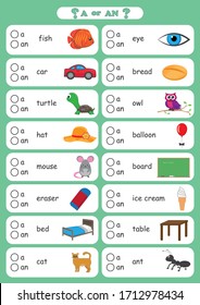 a and an indefinite Article, choose the correct form "a" or "an" for each of the words below, A worksheet that gets children to practise using a or an, deciding which is the correct version when given