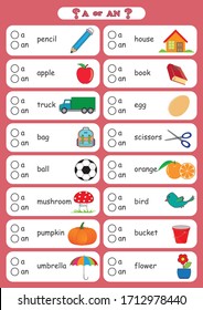 a and an indefinite Article, choose the correct form "a" or "an" for each of the words below, A worksheet that gets children to practise using a or an, deciding which is the correct version when given