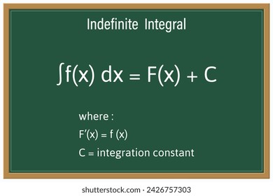 Indefinite Integral on a green chalkboard. Education. Science. Formula. Vector illustration.