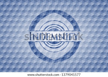 Indemnify blue emblem or badge with geometric pattern background.
