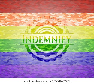 Indemnify emblem on mosaic background with the colors of the LGBT flag