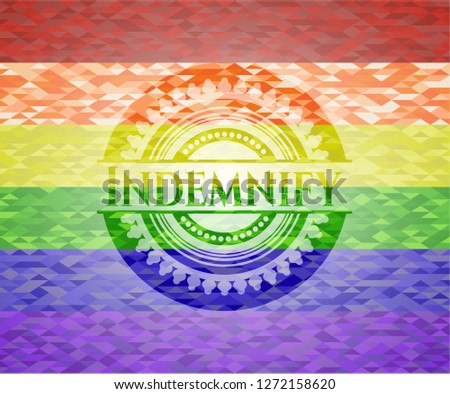 Indemnify emblem on mosaic background with the colors of the LGBT flag