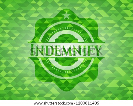 Indemnify green emblem with triangle mosaic background