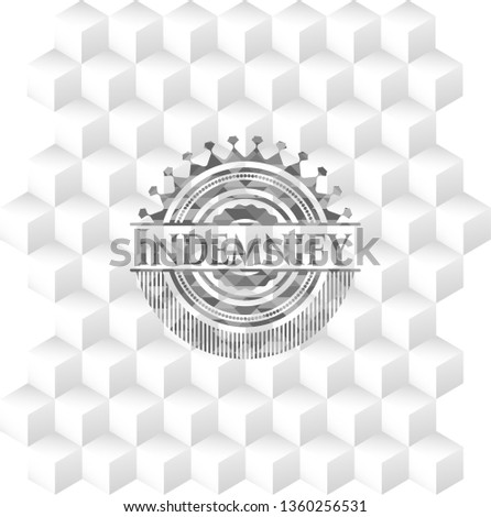 Indemnify grey emblem with cube white background