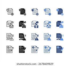 Indemnity, Damages, Lease, Invoice, multiple style icon set.