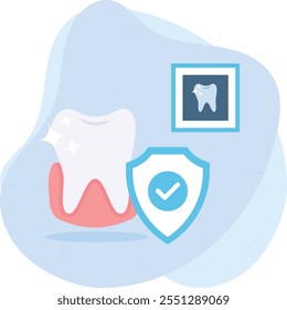 Planes de indemnización o dientes con concepto de escudo, tratamiento dental cubierto en el diseño del icono de color del Vector de seguro, símbolo de odontología, signo de atención médica, instrumento dental ilustración de stock