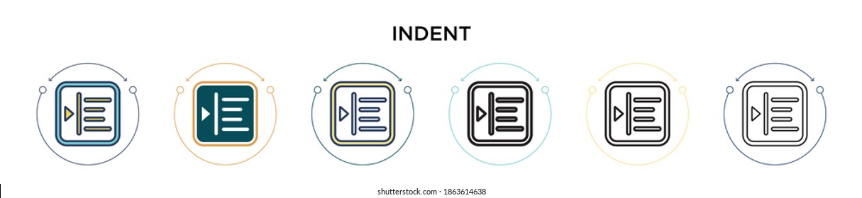 Indent icon in filled, thin line, outline and stroke style. Vector illustration of two colored and black indent vector icons designs can be used for mobile, ui, web