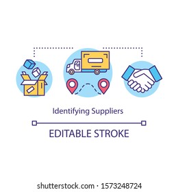 Indentifying suppliers concept icon. Local production system idea thin line illustration. Delivery of products. Logistics and distribution. Vector isolated outline drawing. Editable stroke