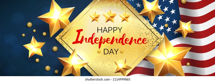 Independance Day greeting banner with golden stars anf flag. Vector