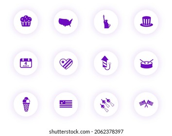 independance day purple color vector icons on light round buttons with purple shadow. independance day icon set for web, mobile apps, ui design and print