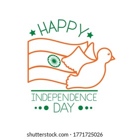 Independece day india celebration with flag and dove flying line style vector illustration design