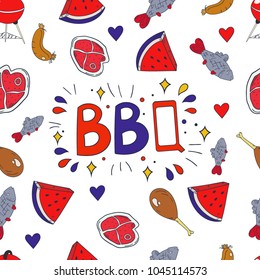 Independece Day USA seamless pattern. Contains `BBQ` sign, cupcake, icecream, fish, grill, steak, watermelon, fireworks and hearts on white background.
