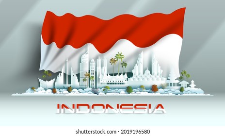 Independence Anniversary Celebration National Day In Indonesia Flag Background With Travel Landmarks Architecture Of Indonesia In Jakarta, Sumatra With Origami Paper Art, Paper Cut. Vector Illustratio