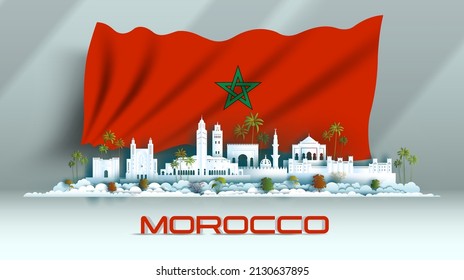 Independence anniversary celebration national day in Morocco flag background with Travel africa landmarks architecture of Morocco in marrakech with origami paper art, paper cut. Vector illustration.