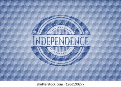 Independence blue badge with geometric pattern background.
