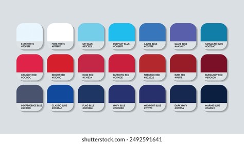 Independence Color Palette, Independence Color Guide Palette with Color Names. Catalog Samples of Blue and red with RGB HEX codes and Names. American Colors Palette, Fashion Trend American Color