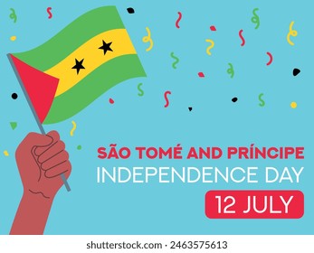 São Tomé and Príncipe independence day 12 July. São Tomé and Príncipe flag in hand. Greeting card, poster, banner template	
