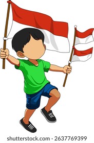 Independence Day 17 August. A kid carrying an Indonesian flag. Template Illustration 17 August.